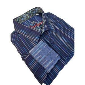 Robert Graham Men's XL Classic Fit Blue Striped Flip Cuff Long Sleeve Shirt